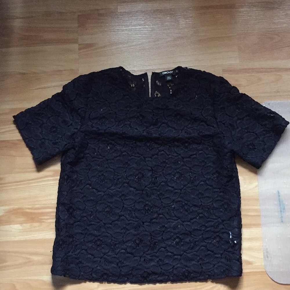 DKNY black floral lace shirt.